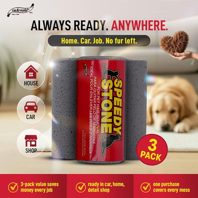 Nanoskin SMA 3-Pack Speedy Stone Reusable Cat and Dog Hair Removal Tool - Auto Interior, Bedding, Carpet, Couch & Furniture | Eco-Friendly, Durable, & Efficient | Essential for Households & Pet Owners