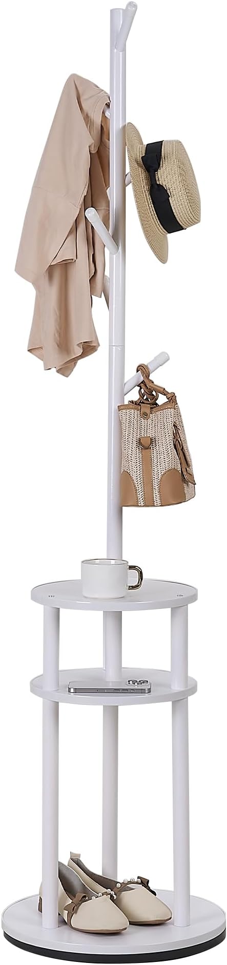 VECELO Coat Rack Freestanding, Entryway Hanger Stand, Umbrella Holder, Hall Tree With Hooks, Floor Standing Metal Tree Stand,White, Medium-sized