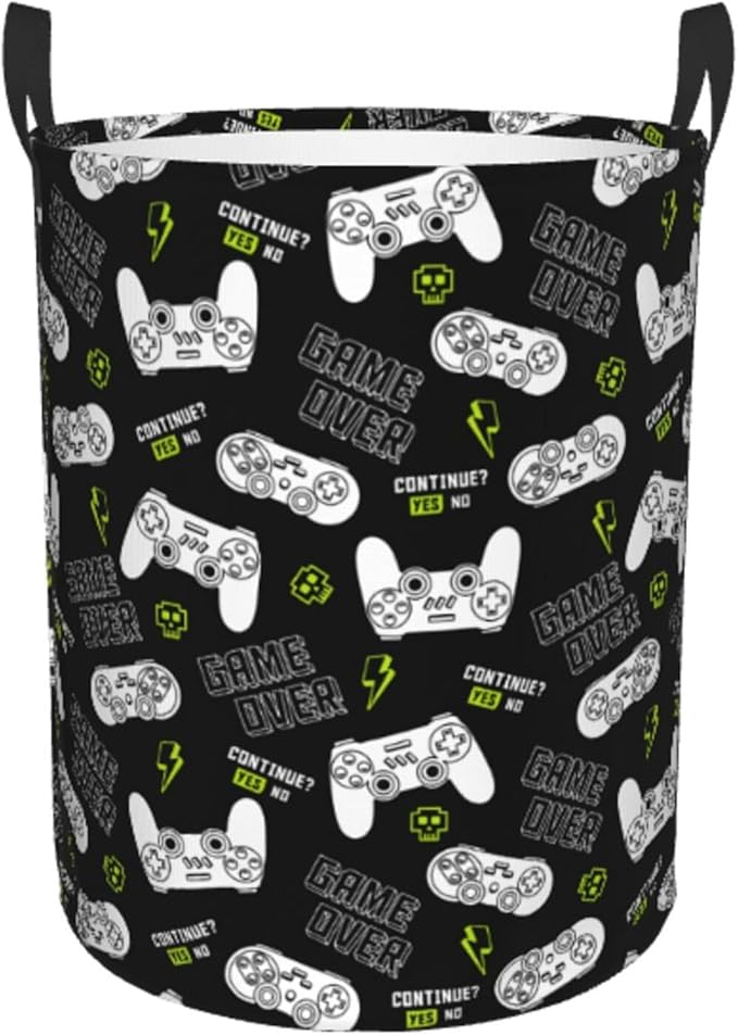 Game Controllers Pattern Round Laundry Hamper Gaming Joysticks Gamepad Storage Basket Toys Clothes Organizer Bin For Home Bathroom Bedroom Dorm Nursery, 62l