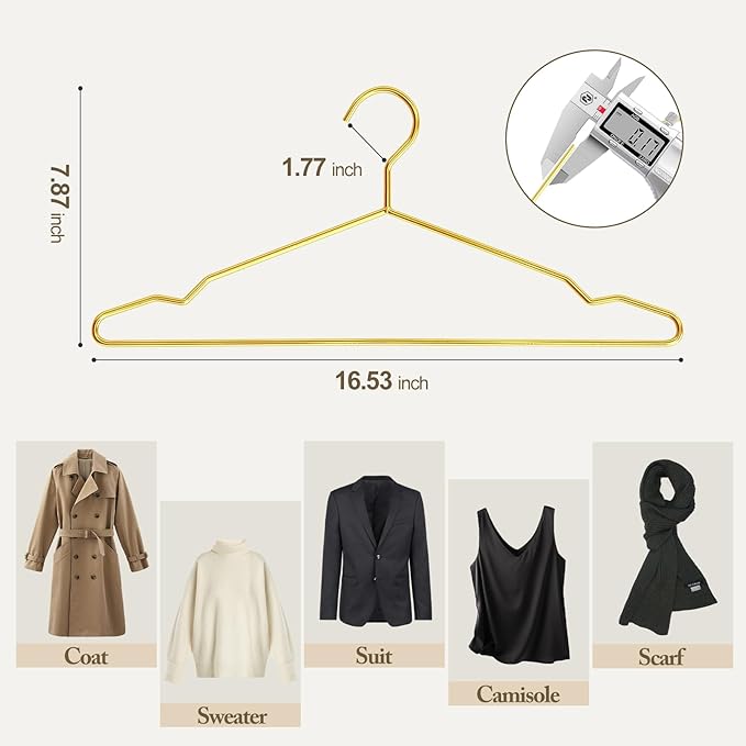 Metal Wire Clothes Hangers Bulk 60 Pack with Notches for Standard Size Coats, Shirts, Suits, Camisole, Dresses, Sturdy, Heavy-Duty, Space-Saving, Gold