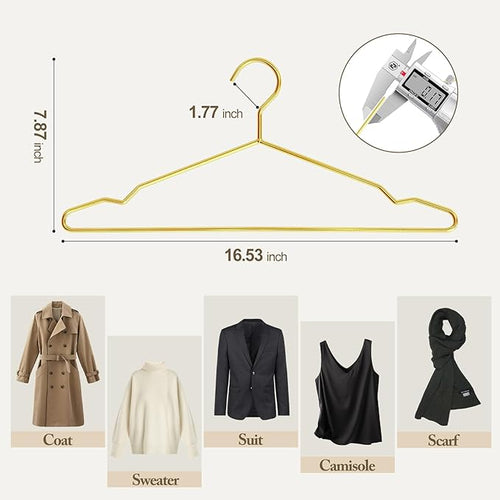 Metal Wire Clothes Hangers Bulk 30 Pack with Notches for Standard Size Coats, Shirts, Suits, Camisole, Dresses, Sturdy, Heavy-Duty, Space-Saving, Gold