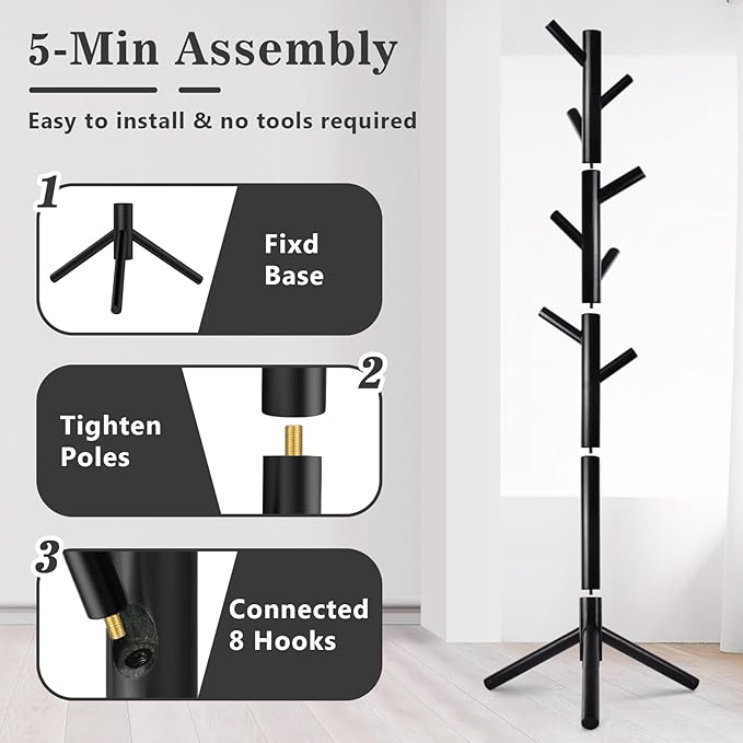 Wooden Coat Rack Freestanding with 8 Hooks,Easy Assembly New Zealand Pine Tree Coat Racks, 3 Adjustable Sizes for Clothes, Hats, Bags, for Entryway, Hallway, Bedroom, Office (Black, 2 PCS)