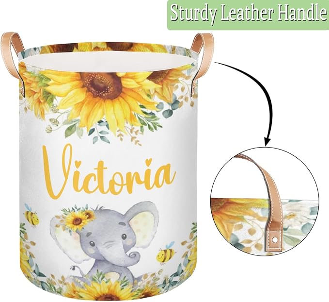 Personalized Laundry Basket, Custom Gift Laundry Hamper, Collapsible Nursery Waterproof Laundry Baskets, Dirty Clothes Toy Hamper with Handles Garden Sunflowers Elephant