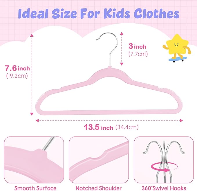 HOUSE DAY 13.5 Inch Kids Hangers 50 Pack - Premium ABS Plastic Clothes Hangers for Kids, Children, Preteens - Space Saving Thin Profile, Strong & Durable Hangers with 360° Swivel Hook - Pink