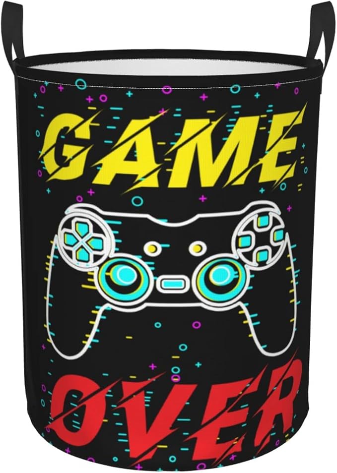 Gamer Funny Round Laundry Hamper Game Joystick Storage Basket Toys Clothes Organizer Bin For Home Bathroom Bedroom Dorm Nursery, 38L
