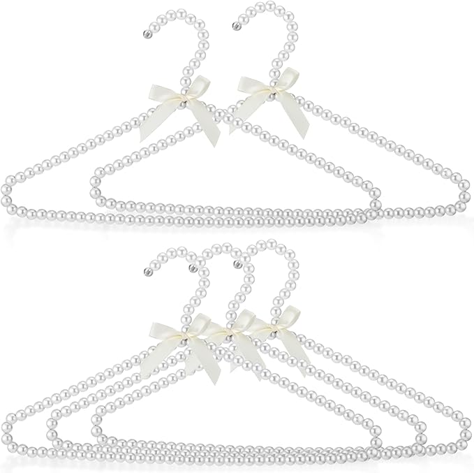 Threan 5 Pcs 16 Inch Pearl Clothes Beaded Clothing Hanger with Ribbon Bowknot Metal Elegant Clothes Standard Hanger for Women Bride Wedding Dress Coat Shirt
