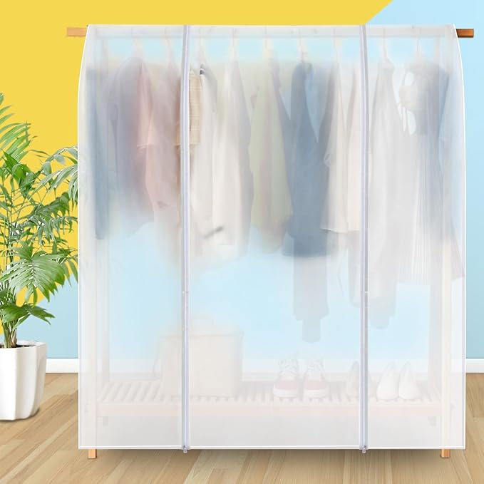 Clothes Rack Cover HLC 52" Garment Rack Cover Large PEVA Translucent Clothing Dustproof/Waterproof Cover With 2 Durable Zipper Protector for Suits, Coats, Sweaters, Shirts (Not Including Frame）