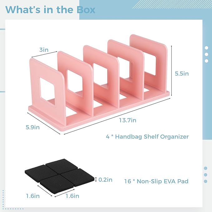 4PCS Purse Organizers, 13.7 x 5.9 x 5.5-Inches,Adjustable Closet Organizer, Handbag Shelf Divider Storage Organizer for 8 Big Handbags/16 Small Handbags（Pink）
