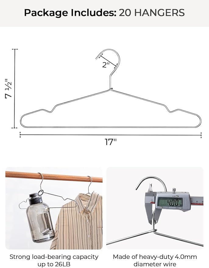 StorageWorks 4mm Super Thick Metal Wire Hangers, Heavy Duty Stainless Steel Clothes Hangers for Coats, Shirts Jackets, Pants, Suits, Space Saving Silver Hangers for Closet, 20 Pack