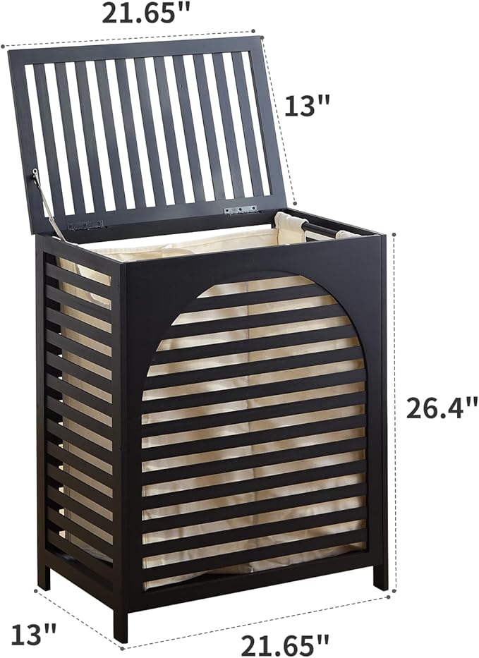 Laundry Hamper with Lid, Bamboo Clothes Laundry Basket with Handles, Removable 2-Section Liner bag, Hampers for Bedroom Aesthetic, Large Storage for Bath Towel, Sheets or Toys, Home (Black)
