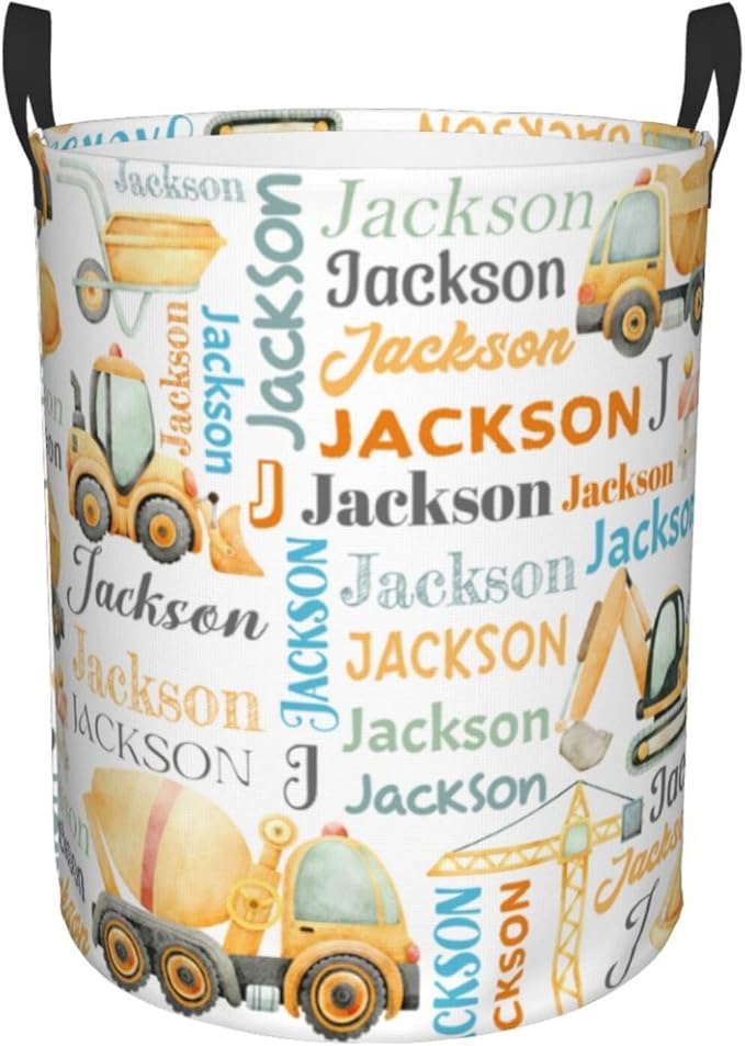 Personalized Construction Truck Laundry Basket, Custom Laundry Hamper With Name Gifts For Kids Baby Adults, Collapsible Dirty Clothes Storage Organizer With Handles S 16.5 X 13.8in