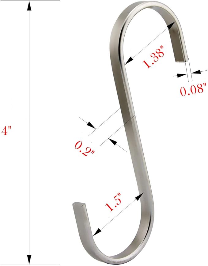 YourGift 12 Pack Flat S Hooks Stainless Steel 4 inches S Shaped Hanging Hooks for Kitchen, Bathroom, Bedroom and Office (X-Large)