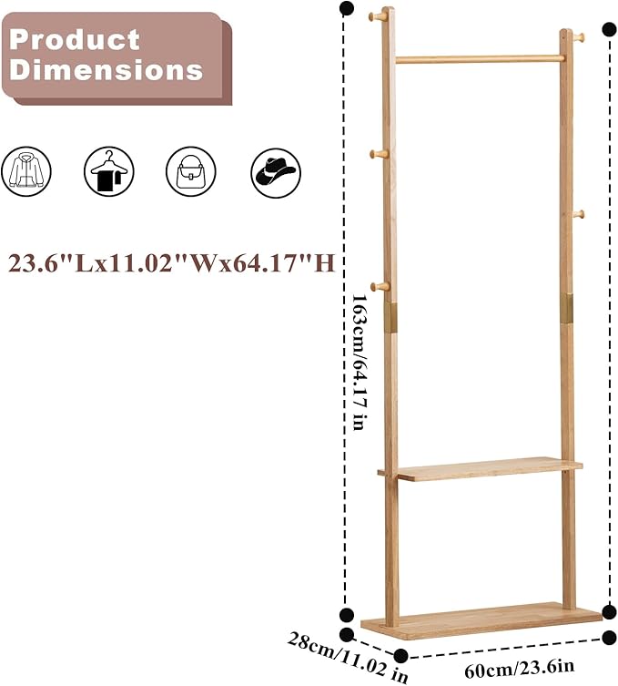 Clothes Rack Solid Wood Coat Rack with Shelves and Hooks – Garment Clothing Rack Coat Rack with Storage for Hallway, Bedroom, Living Room, 23.6 inch, Nature