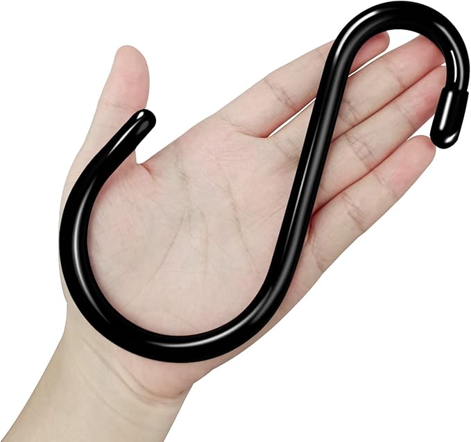 12 Pack 6 Inch Heavy Duty Large S Hook Vinyl Coated S Hooks for Hanging Plants,7mm Thickness Non Slip Sturdy Metal Black Jean Hooks for Closet,Bird Feeders,Kitchen,Large Object,Tools,Bikes