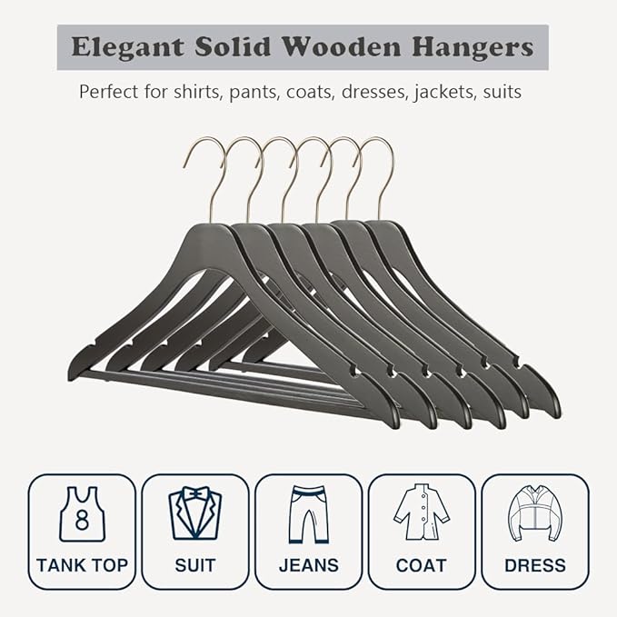 Ultra Thin Wooden Natural Slim Wood Coat Hangers 17.7 inch Space Saving Black Wooden Adult Clothes Hangers,20 Pack Heavy Duty Suit with Pant Bar for Jacket Shirt Suit Pants