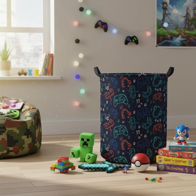 Baby Laundry Hamper kids laundry Basket Waterproof Storage Bin for Bedroom Toy Clothes Organizer Basket Woodland Animals Room Décor(Blue Game)