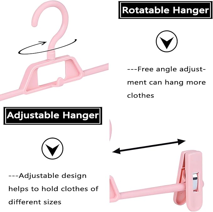 10 Pack Plastic Pant Hangers with Clips, Space Saving Skirts Hanger with 360°Rotating & Adjustable Clips, Stackable Clothes Hanger for Closet Organizer and Storage (Pink)