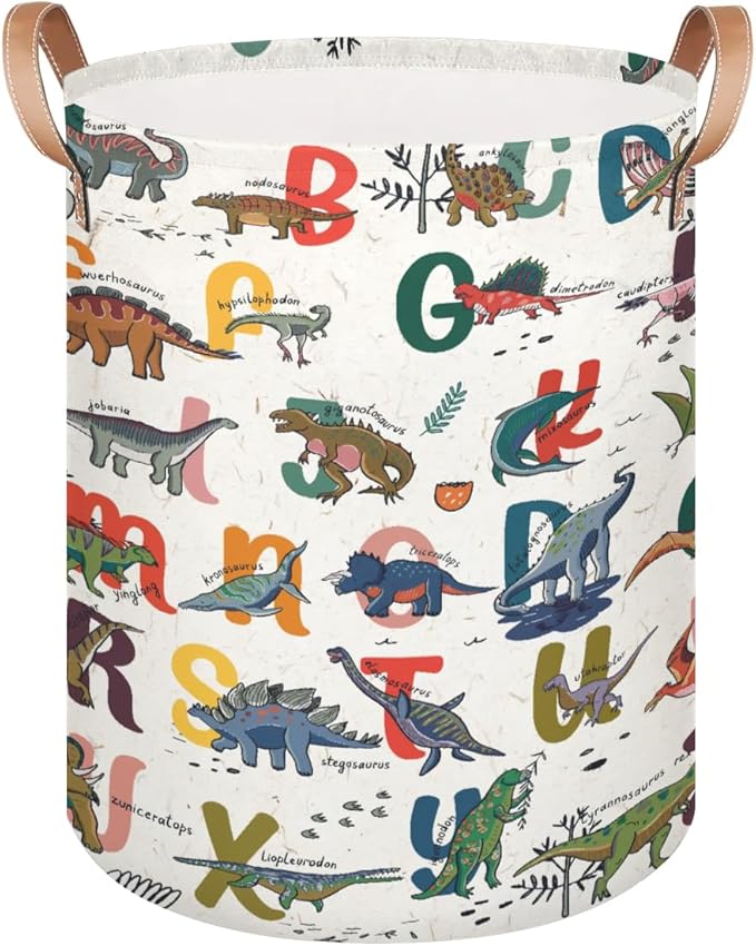 Alphabet Dinosaur Large Laundry Basket - Cartoon Animal Kids Laundry Hamper with Handles - Collapsible Dirty Clothes Organizer Boys Toy Storage Bin Nursery Hamper for Bedroom Bathroom Decor
