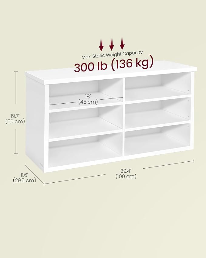 VASAGLE Shoe Bench, Storage Bench, 6 Compartments, Adjustable Shelves, for Living Room, Entryway, Dorm, 11.6 x 39.4 x 19.7 Inches, Cloud White ULSB036W01