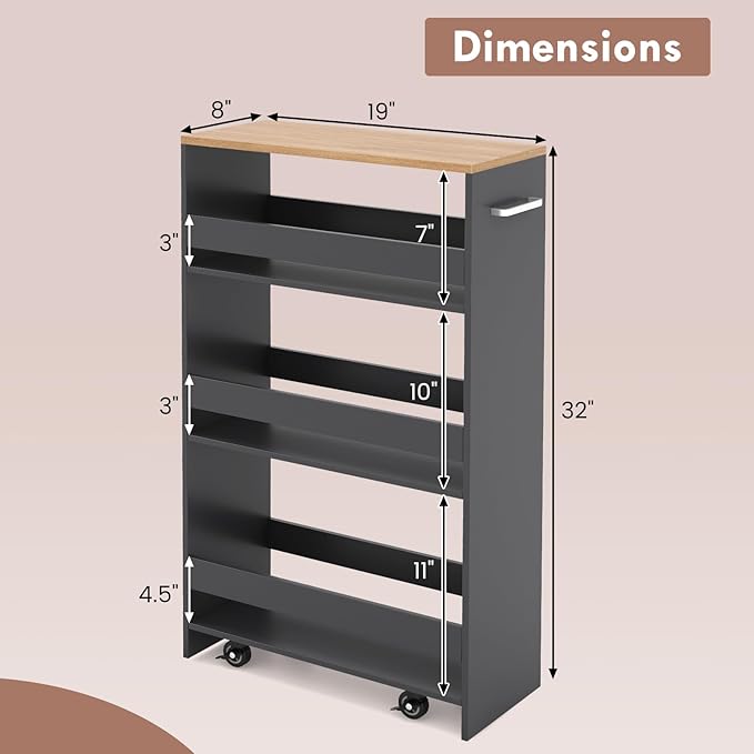 LOKO 4-Tier Rolling Storage Cart, 8 Inches Slim Kitchen Cart on Wheels with Open Shelves & Handle, Laundry Room Cart Between Washer and Dryer, for Narrow Space Bathroom Next to Fridge (Grey & Natural)