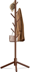 Durable Wooden Coat Rack, Freestanding Coat Rack with Stable Triangular Base, 8 Hooks & 3 Adjustable Heights, Simple Assembly for Bedroom, Hallway, Office(New Brown)