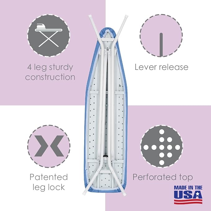 Full Size Ironing Board Made in USA – Dark Blue by Seymour Home Products 4 Heavy-Duty Steel Legs Perforated Top for Steam Includes Cover & Pad Sturdy, Foldable Iron Board for Home & Laundry