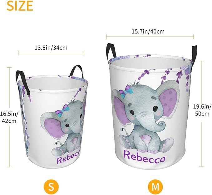 Purple Elephant Flower Customized Laundry Basket with Name Collapsible Waterproof Organizer Bin Laundry Hamper with Handle for Clothes Toys Bedroom.
