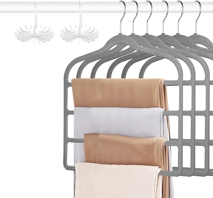 Tinfol 6pc Velvet Pant Hangers - Gray Space Saving Non-Silp Hangers, Jeans Slack Trousers Hanger, Multi Layer Clothes Hanger Closet Organizer for Clothes