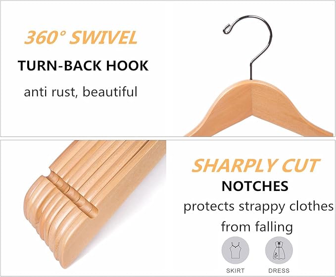 Amber Home 10 Pack Natural Wooden Shirt Hangers, Premiun Wood Coat Hangers Without bar, Clothes Hangers for Jacket, Bridal (Natural, 10)