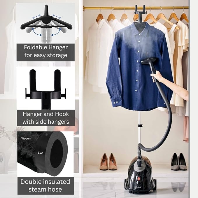 SALAV® GS18-DJ Standing Garment Steamer with Roll Wheels for Easy Movement, 1.8L Water Tank for 1 Hour Continuous Steaming, Adjustable Pole for Storage, Includes Descaler Packet, 1500 watts (Renewed)