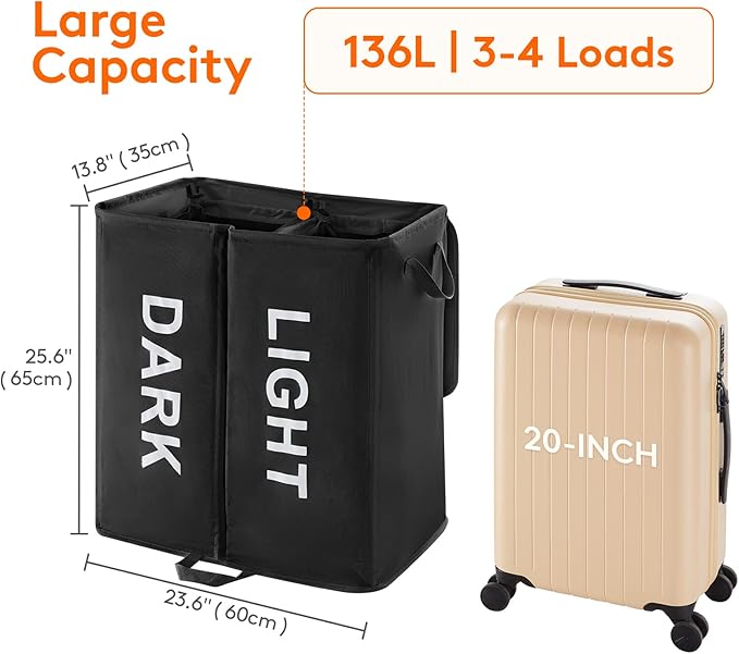 Lifewit 136L Double Laundry Hamper with Lid and Removable Laundry Bags, Large Divided Hamper, Collapsible 2 Section Laundry Basket with Handles for Bedroom, Bathroom, College Dorm, Laundry Room, Black