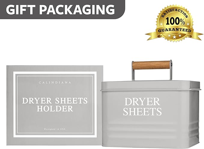 Calindiana Modern Farmhouse Metal Laundry Dryer Sheets Holder Fabric Softener Dispenser with Lid for Laundry Room Decor and Accessories and Space Saving Laundry Room Organization and Storage, Grey