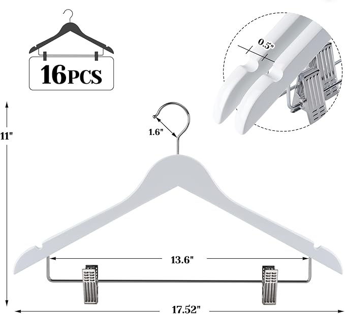 White Wooden Skirt Hangers with Clips 16Pack, Wooden Coat & Pants Hangers with Adjustable Metal Clips for Slacks, Jeans, Shorts, Jacket, Blouse, Clothes & Suit