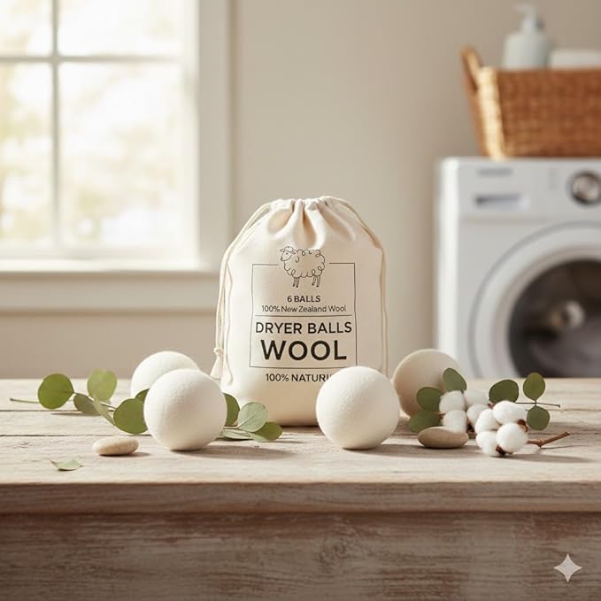 Premium Wool Dryer Balls – 6-Pack 100% Organic New Zealand Wool – Natural Fabric Softener, Hand-Felted, Reusable – Reduces Drying Time, Static & Wrinkles – Eco-Friendly Laundry Solution