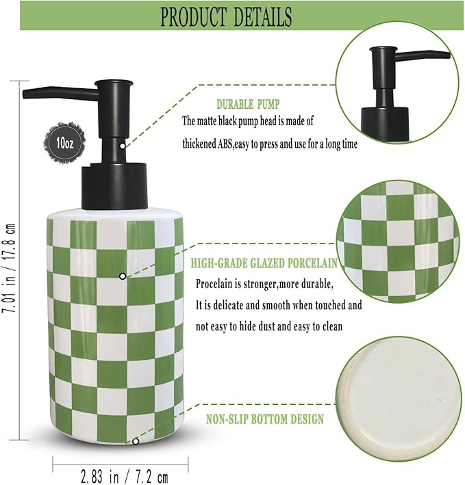 Bathroom Soap Dispenser with Matte Black Pump White Ceramic Soap Dispenser for Kitchen Checkerboard Empty Pump Bottle (Green)