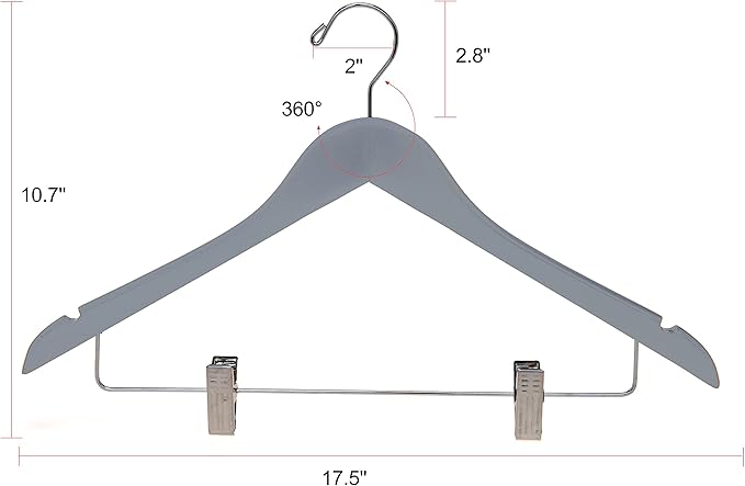 Quality Wooden Skirt Hangers with Clips 80-Pack Grey Pants Hangers with Adjustable Chrome Metal Clips, Swivel Hook, Coat, Jacket, Blouse Suit Hangers (Gray, 80)
