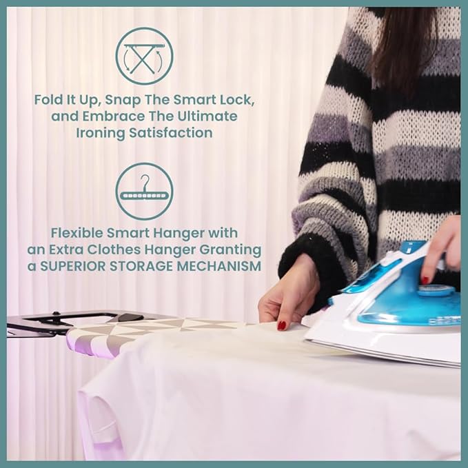 Compact Ironing Board Foldable | Hanging Iron Board with Safety Iron Stand & Rest for Small Space or Apartment, Thick Cover & Pad, Height Adjustable up to 33" Features 4 Steel Legs (36x13)