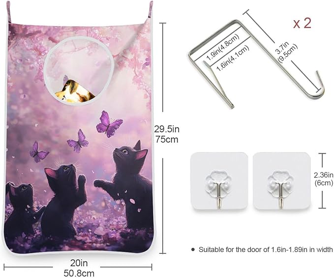 Hanging Laundry Hamper with Stainless Steel Hooks,Oxford Fabric Printing Door Laundry Clothes Bag, 29.5X20inch 1PCS Cherry Blossom Black Cats and Butterfly