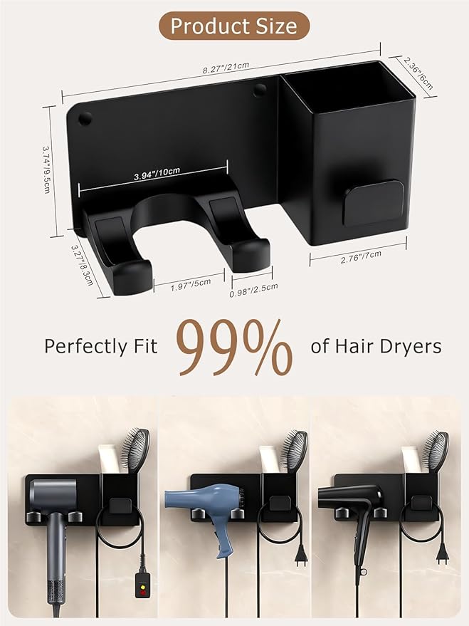 Hair Dryer Holder with Tool Organizer, Blow Dryer Holder Compatible with Dyson, Shark, Hair Dryer Hanger Wall Mounted by 3M Tapes Adhesive Or Screw for Bathroom, Vanity, Bedroom - Mg-Al Alloy, Black
