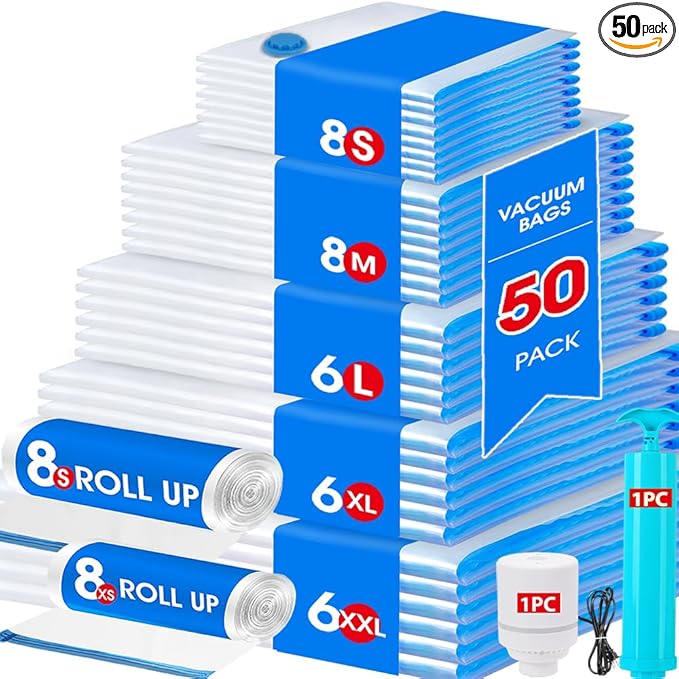 AROIC 50 Pack Vacuum Storage Bags, 5 Sizes + 2 Roll-up (8 Each) Space Saver Vacuum Sealer Bags for Clothing with 1 Electric Pump and 1 Hand Pump, Seasonal Storage Bags for Luggage, Travel Essentials