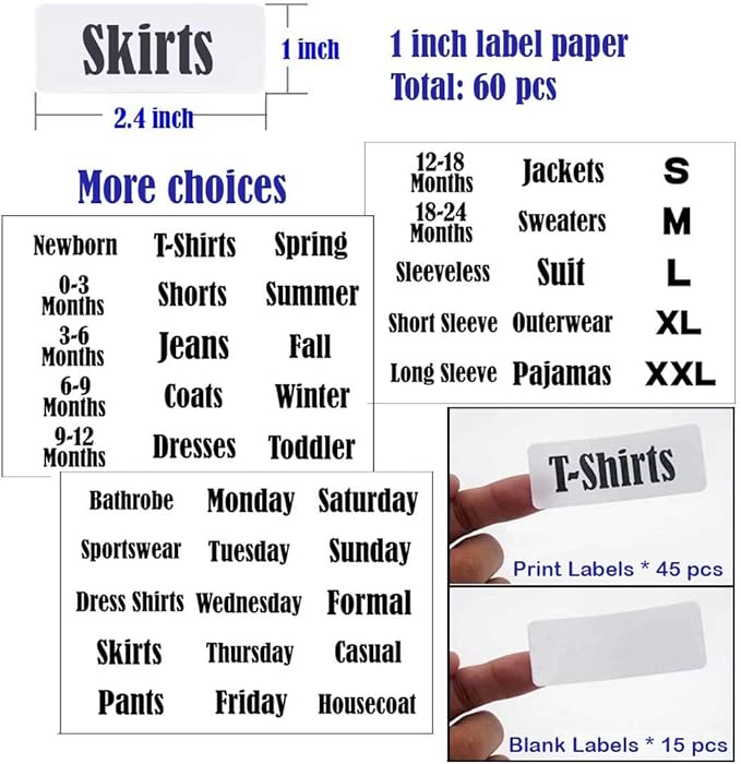 20 Pack White Clothing Rack Size Dividers Plus 90 Labels (1 Inch) and 20 Large Blank Labels, Large Rectangular Clothing Closet Dividers (Pearl White)