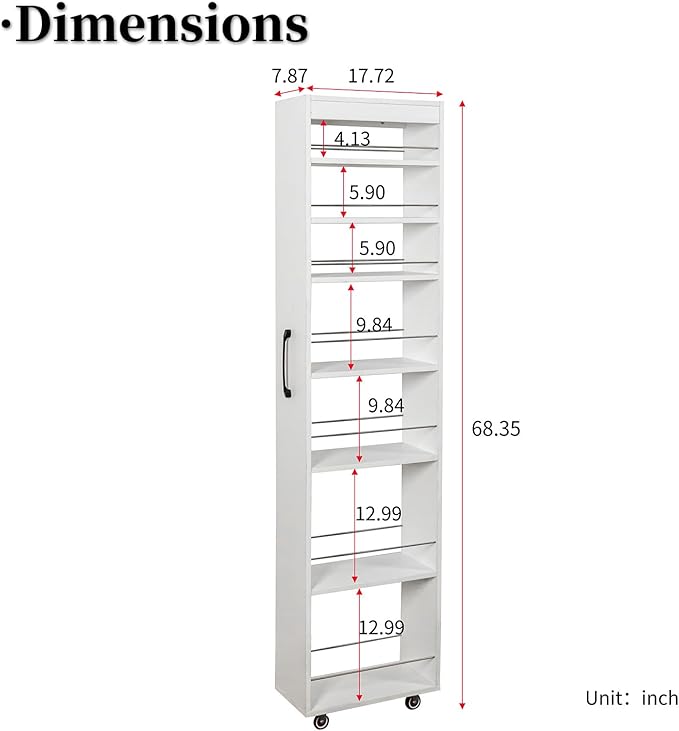 JOYSOURCE Slim Pull-Out Kitchen Cart with 7 Tiers, Narrow Rolling Storage Cabinet for Next to Fridge, Tall 7-Tier Organizer Rack with Black Handles & Wheels White