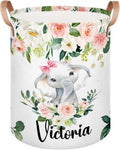 Personalized Laundry Basket, Custom Gift Laundry Hamper, Collapsible Nursery Waterproof Laundry Baskets, Dirty Clothes Toy Hamper with Handles Pink Floral Elephant Girl