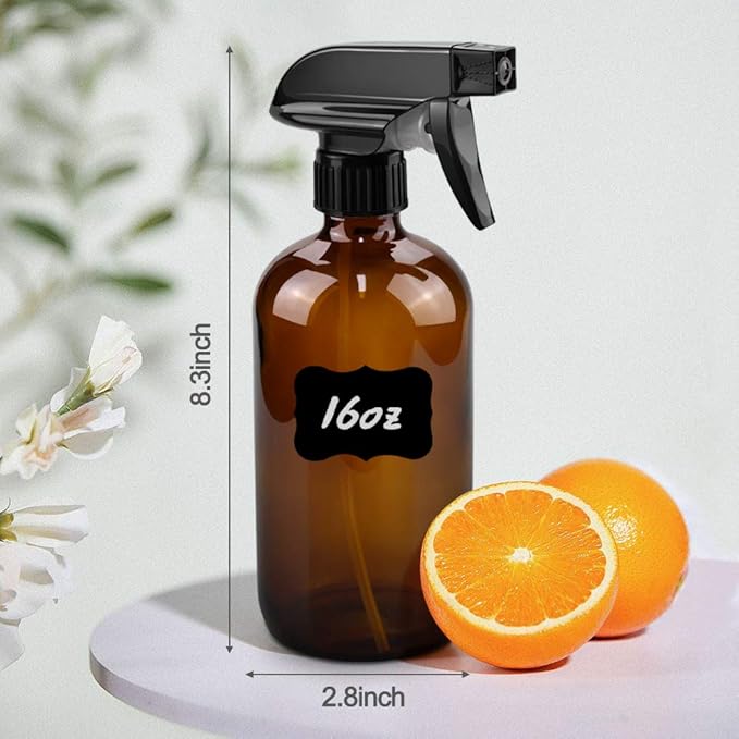 Glass Spray Bottles, 16oz Amber Glass Spray Bottles with Labels & Adjustable Nozzle, Reusable Containers for Cleaning, BBQ, Food, Plants, Alcohol, Essential Oils(3 Pack)