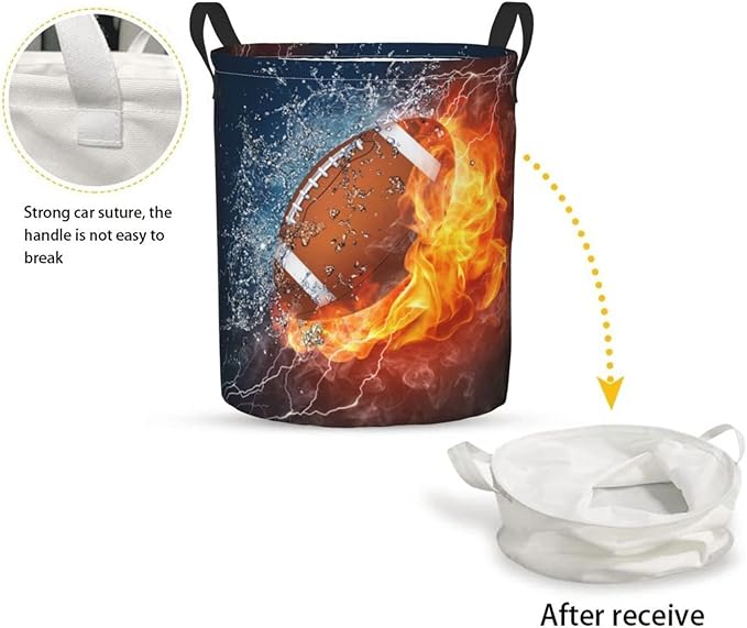 Dujiea Football Ball In Fire And Water Laundry Basket Round With Handle, Collapsible Foldable Canvas Storage Bin Dirty Clothes Bag For Laundry/Toys Organizer/College Dorm/Nursery/Decor(2 Sizes)