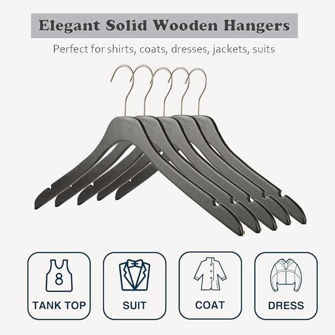 Black Ultra Thin Wooden Natural Slim Solid Wood Coat Jacket Shirt Suit Hangers,17.7" Space Saving Wooden Adult Clothes Non Slip Heavy Duty Suit Hangers 20PCS