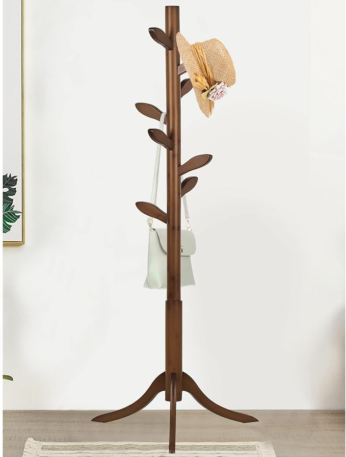 Wood Coat Rack Freestanding Coat Tree Rack with 8 Leaf Hooks, 3-Size Height Adjustable for Adults and Younger, Clothes Hanger Stand for Jacket, Hat, Entryway, Hallway, Corner, Bedroom (Vintage Brown)