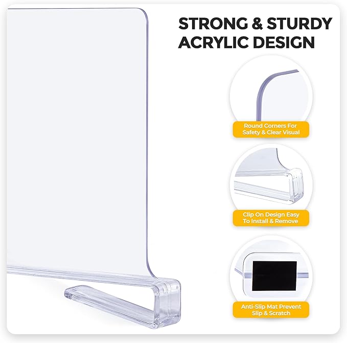 JOY DECOR 2 Pack Acrylic Clear Shelf Dividers for Closets Organizer and Storage Adjustable Vertical Wood Shelf Closet Separators for Clothes,Book,Bags in Bedroom and Kitchen