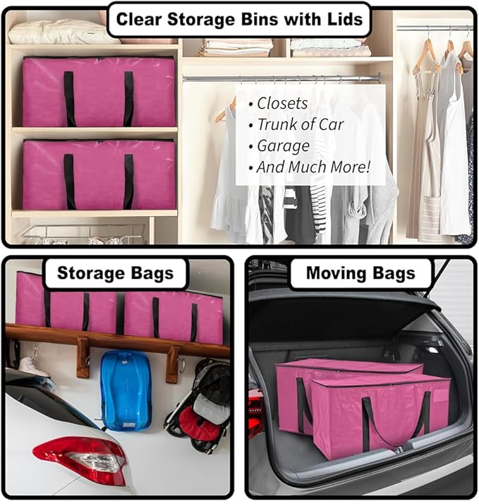 ClearSpace Heavy Duty Moving Bags or Storage Bags – Pink Storage Bins with Lids, Large Moving Boxes with Backpack Straps & Zippers,– Packing Box & Moving Supplies for College Dorm, 4 Pack