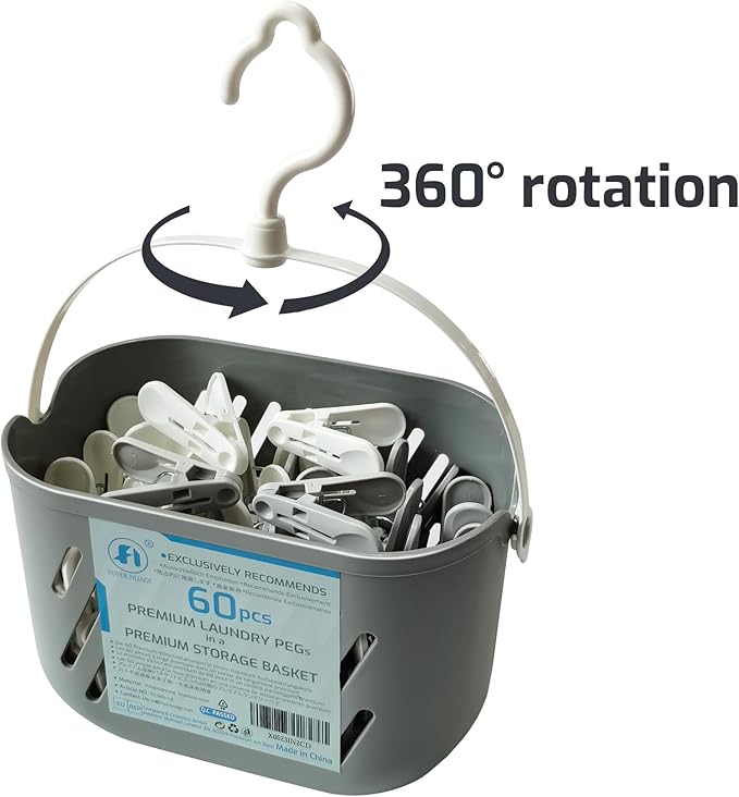 Premium Plastic Laundry Pegs, Pack of 60 with Basket, Windproof Clothes Pegs for Washing Line, Bag Sealing Clips